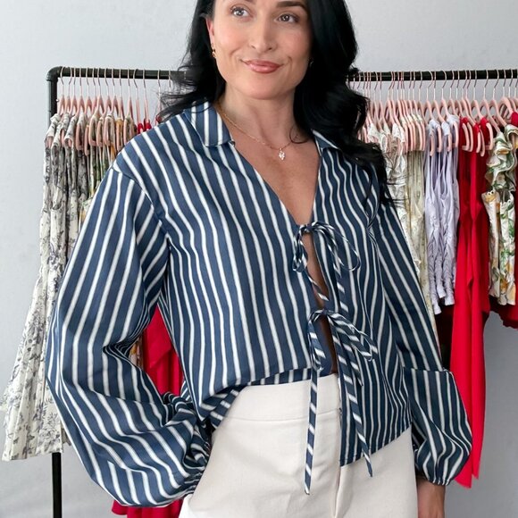 Women’s Striped Tie-Front Blouse – Navy/White, Collared Long Balloon Sleeve - Picture 10 of 10